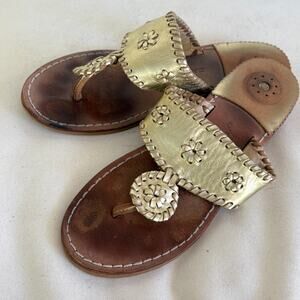 Jack Rogers Jacks Miss Hamptons Sandals 6 Black Gold Leather Flats Flip Flops